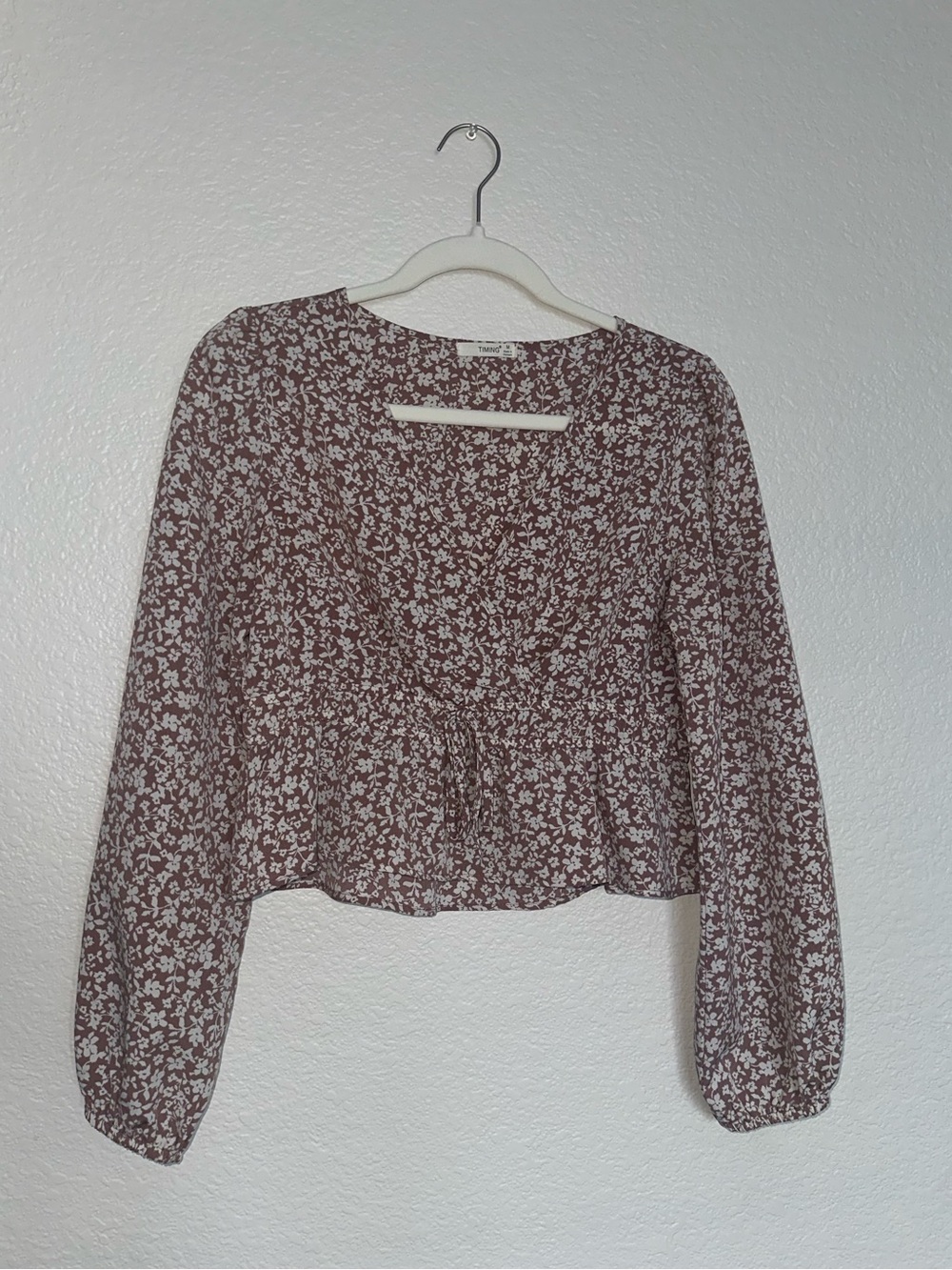 Timing Brown and Cream Floral Tie-Waist Long Sleeve Blouse
